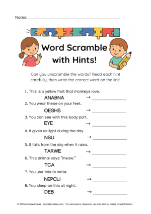 Word Scramble with Hints worksheet – fun vocabulary and spelling activity for Grade 1 students