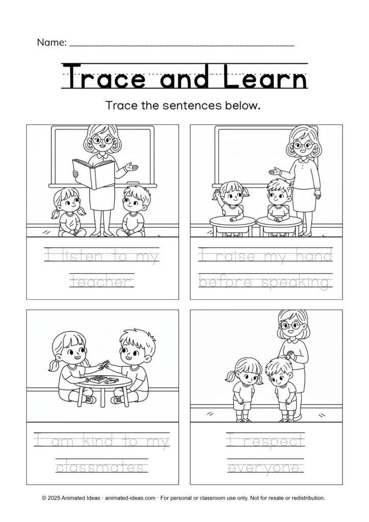 Preschool Classroom Rules Worksheets – children tracing sentences about listening, speaking politely, kindness, and respect.