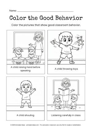 Preschool Classroom Rules Worksheets – kids matching classroom rules to the correct pictures about listening and sharing.