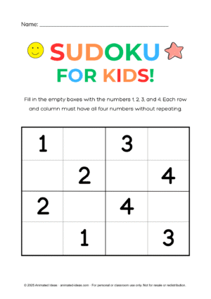 Sudoku for Kids printable worksheet with numbers 1–4 for preschool and early learners
