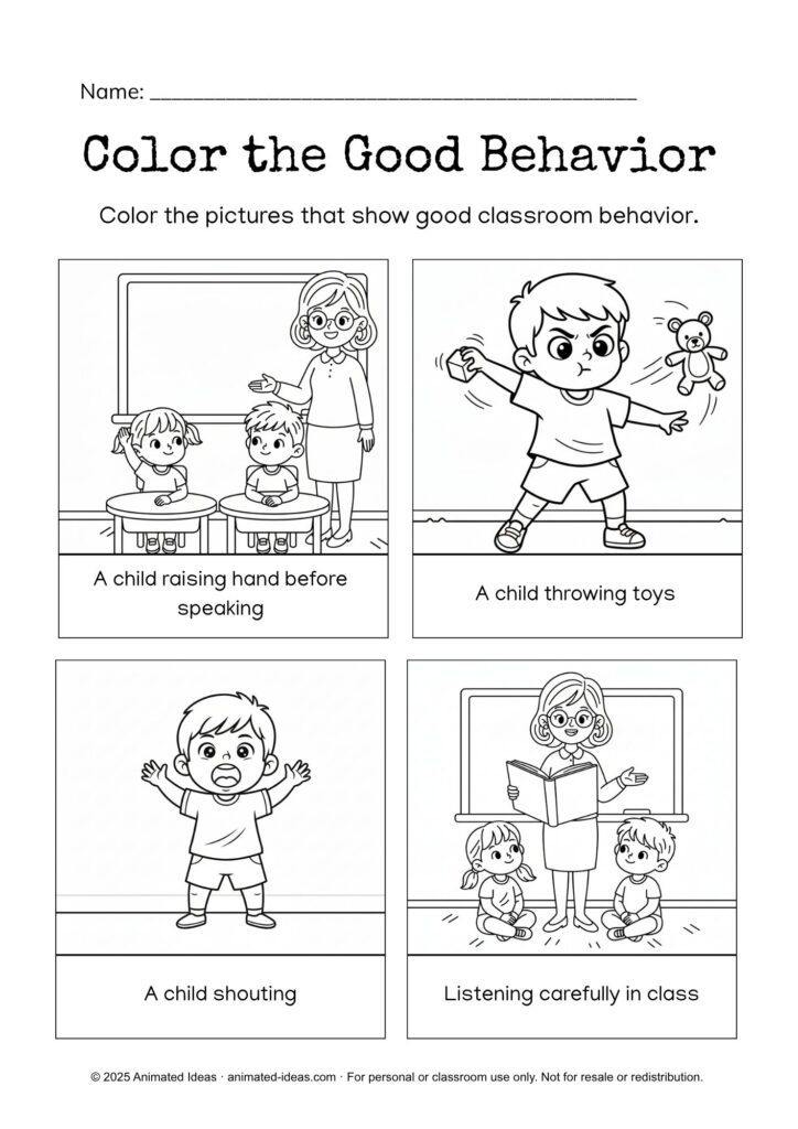 Preschool Classroom Rules Worksheets – kids matching classroom rules to the correct pictures about listening and sharing.