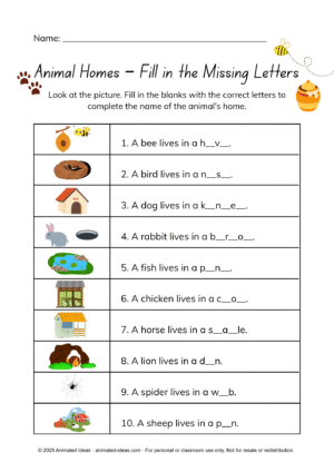 Animal Homes Worksheet for kids learning animal habitats