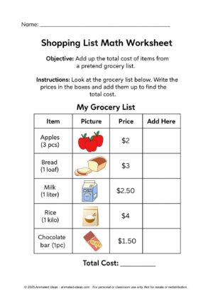 Shopping List Math Worksheet – Grade 1 kids add grocery prices and practice money addition
