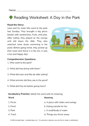 A Day in the Park Reading Worksheet – fun reading comprehension for kids