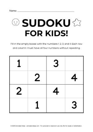 Sudoku for Kids printable worksheet with numbers 1–4 for preschool and early learners