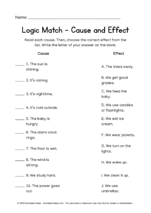 Cause and Effect Worksheet for Grade 3 – What Happens Next activity sheet for reading comprehension by Animated Ideas