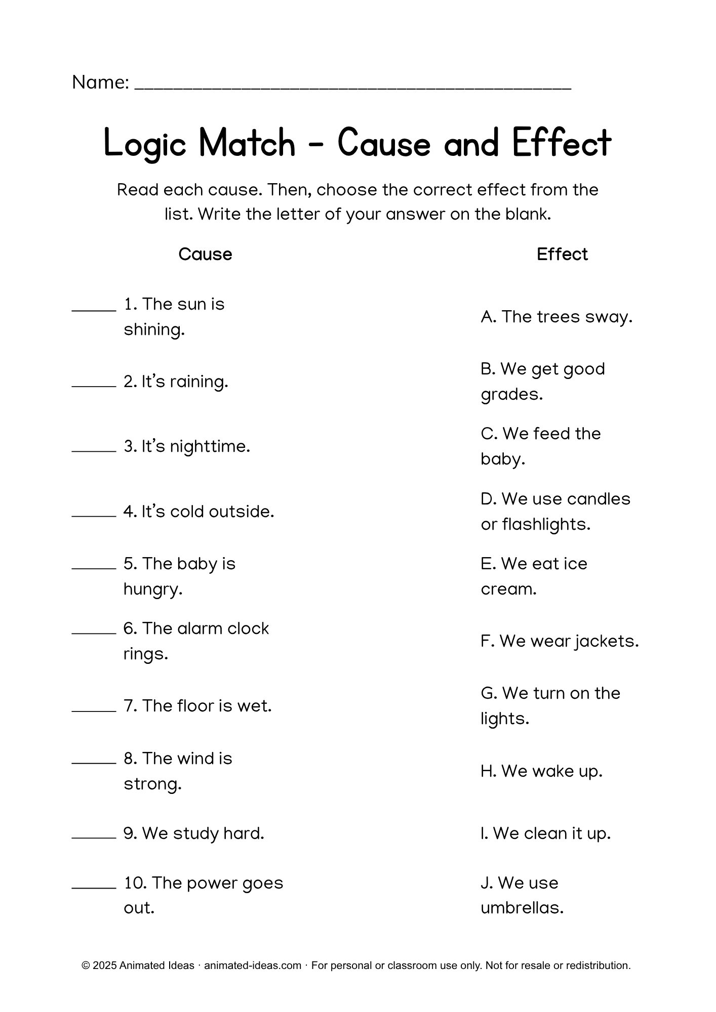 Cause and Effect Worksheet for Grade 3 – What Happens Next activity sheet for reading comprehension by Animated Ideas