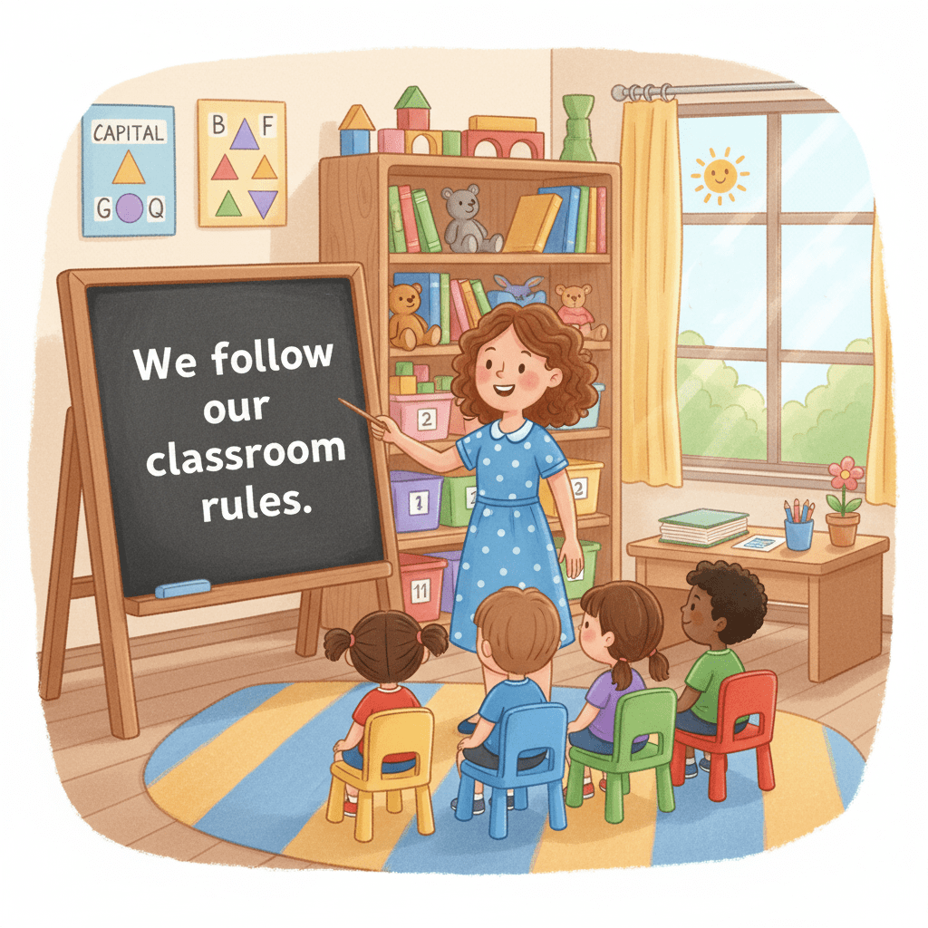 Children sitting nicely with teacher smiling – Preschool Classroom Rules