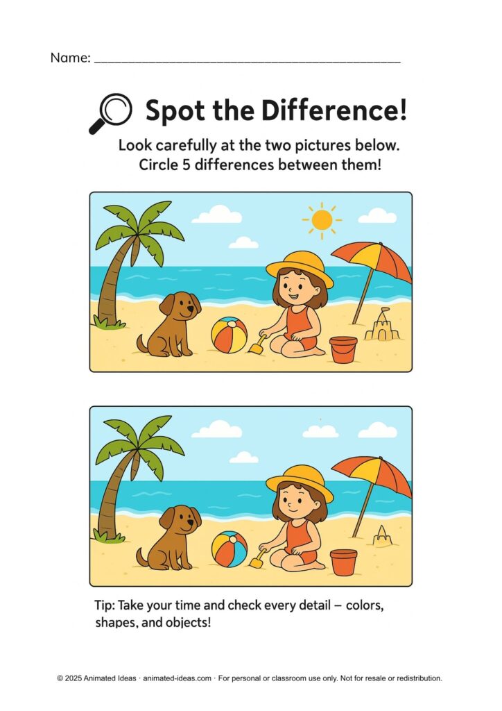 Spot the Difference – Beach Theme worksheet for Kindergarten learners showing two beach scenes to find five differences.