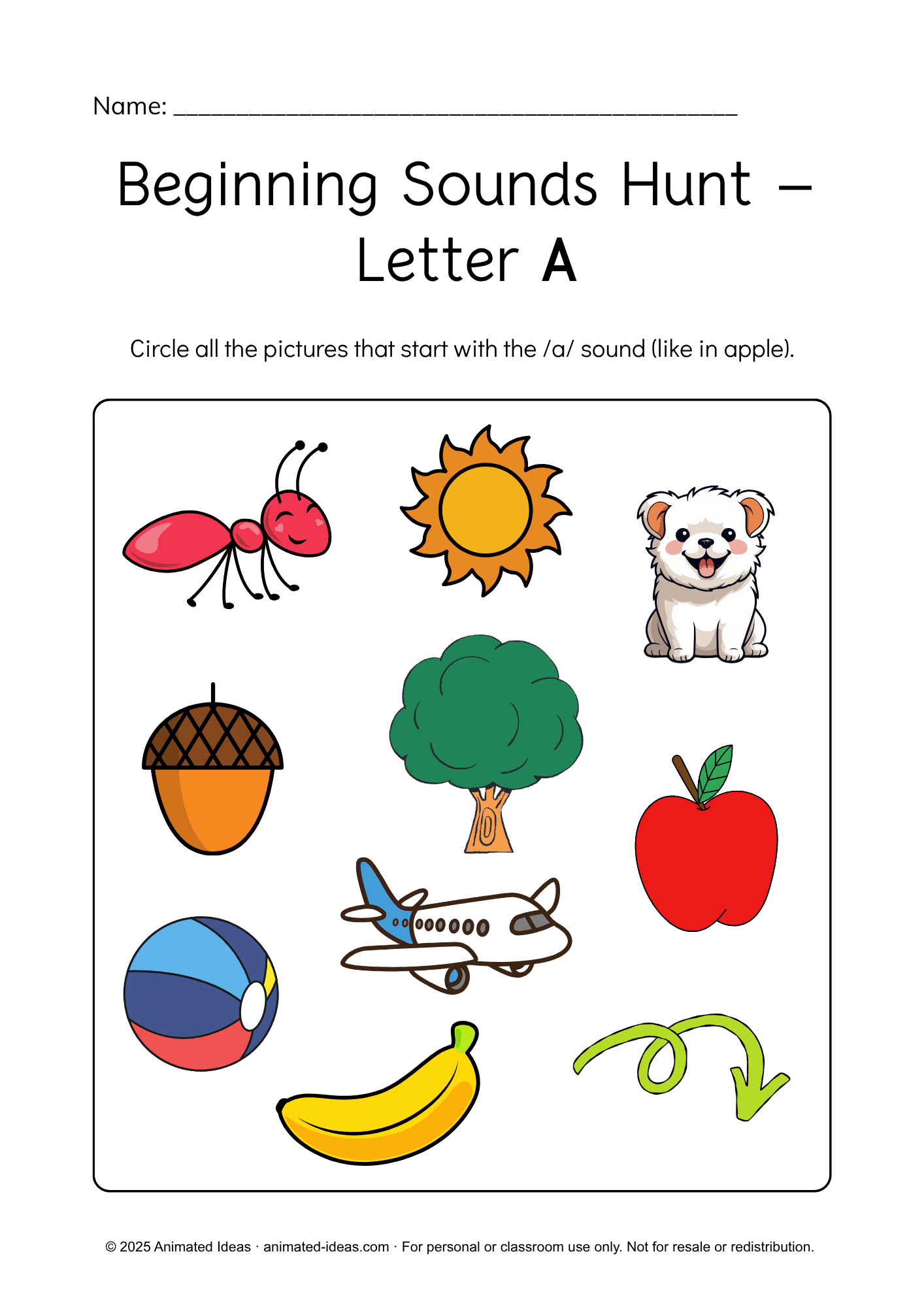 Beginning Sounds Worksheets – Letter A colored worksheet with apple, ant, airplane, and arrow