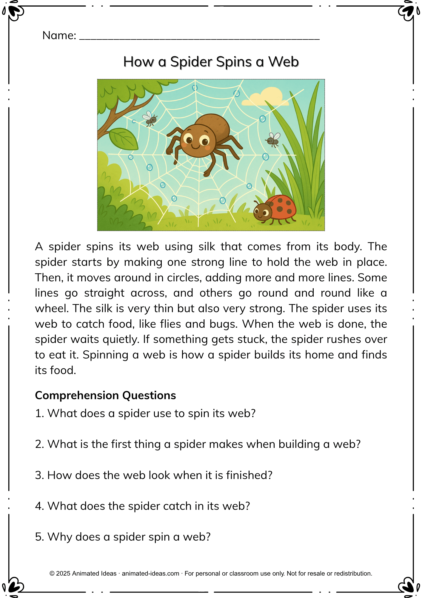 Animal Reading Comprehension Worksheet for Kids showing how spiders spin webs to catch food.