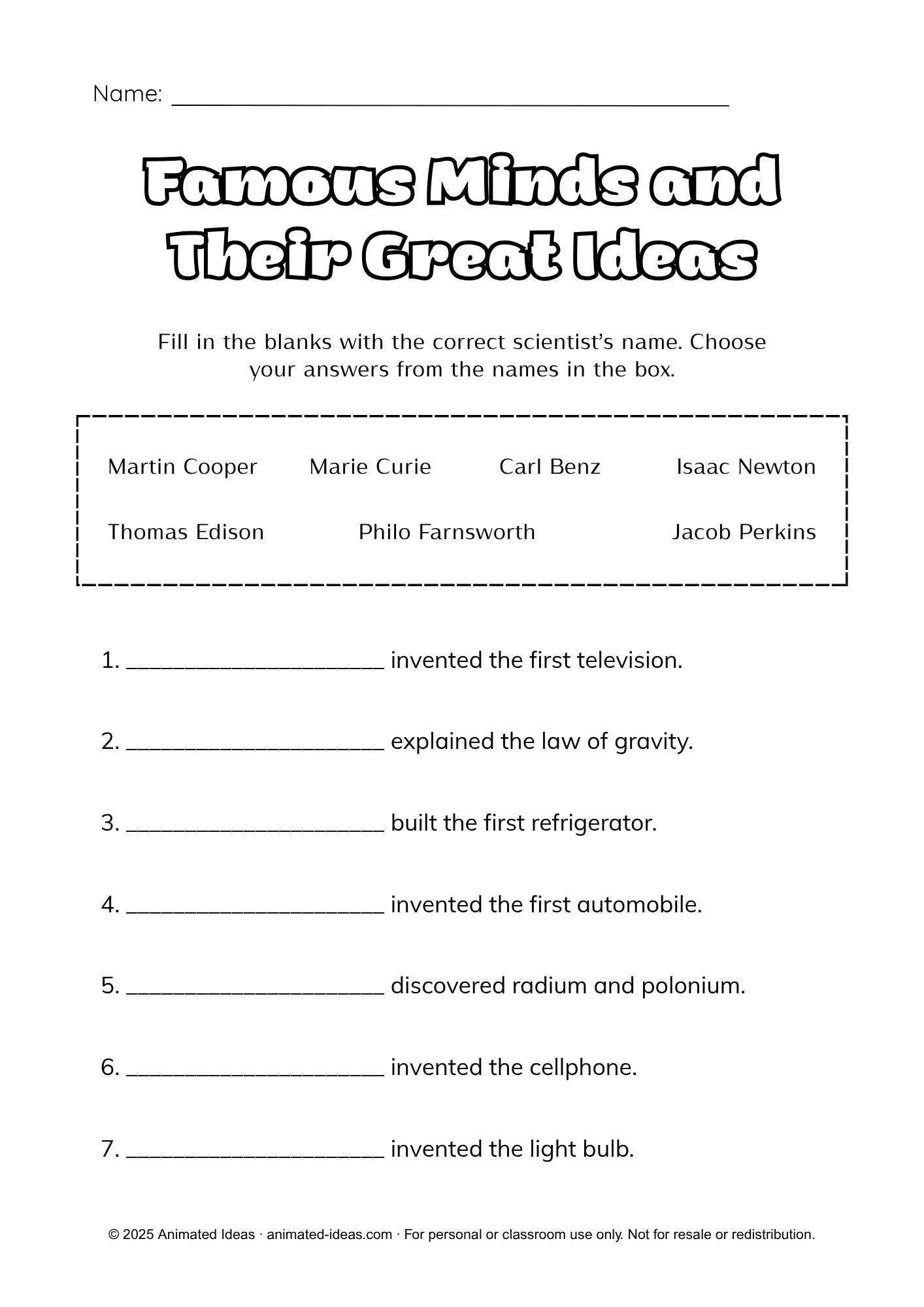 Famous Scientists Worksheets fill-in-the-blanks activity for students