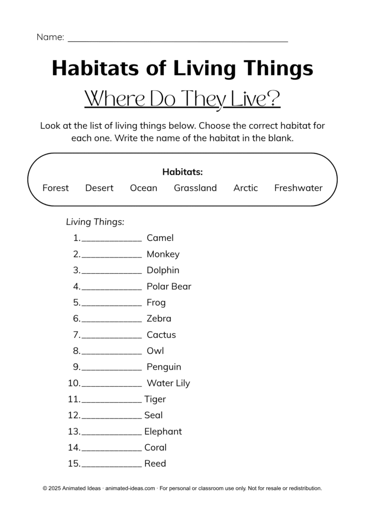 Colored Habitats of Living Things Worksheets page showing animals to match with habitats
