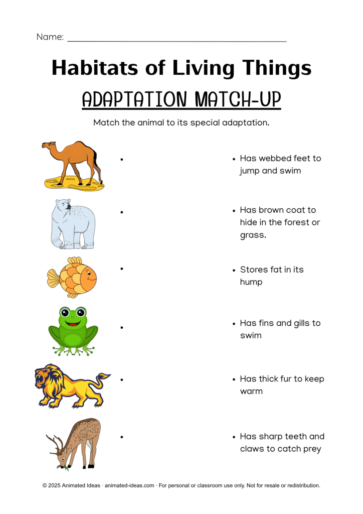 Colored Habitats of Living Things Worksheets page showing animals and their adaptations