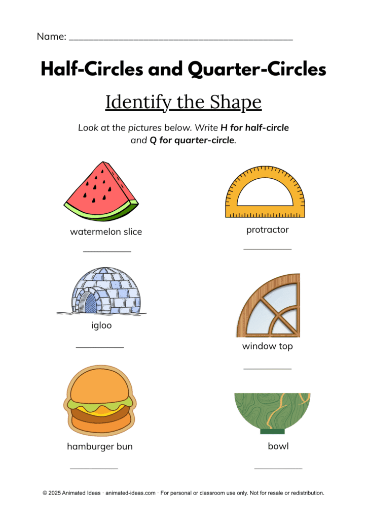 Half-circles and quarter-circles Identify the Shape worksheet for 2nd grade showing colorful real-life pictures — half-circle and quarter-circle learning activity