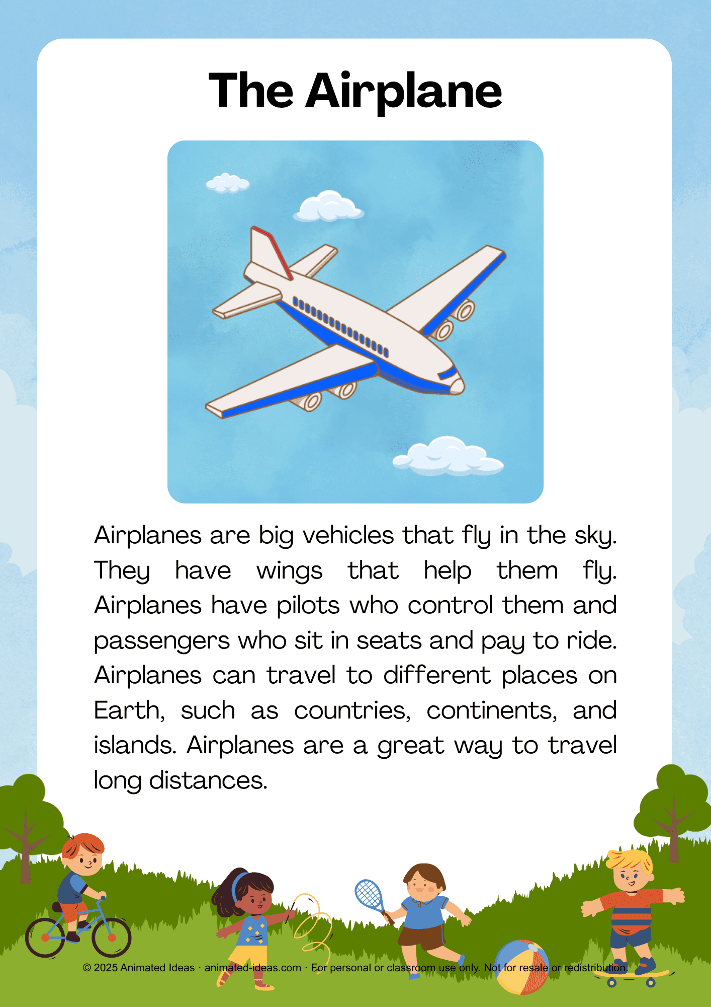 Transportation Reading Comprehension Worksheets for Kids – The Airplane reading activity for early learners