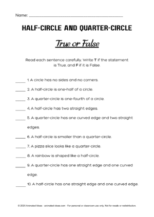 Half-circles and quarter-circles True or False worksheet for 2nd grade with shape statements and check boxes — half-circle and quarter-circle quiz activity