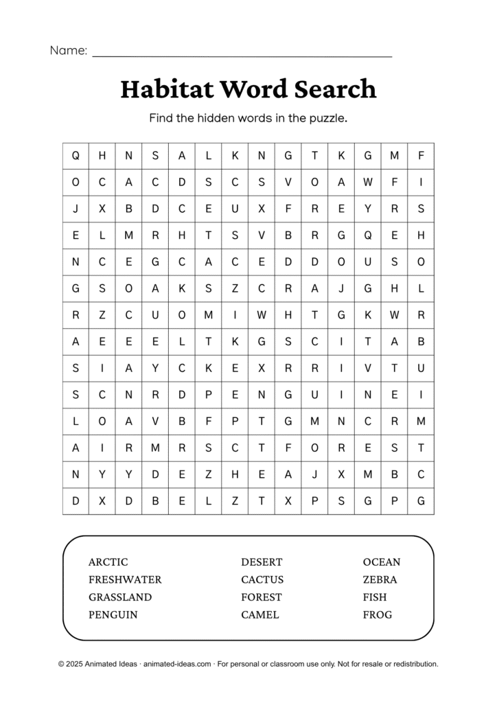 Habitats of Living Things Worksheets page with habitat-themed word search