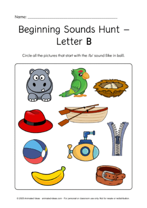 Beginning Sounds Worksheets – Letter B colored worksheet with ball, banana, bird, and boat