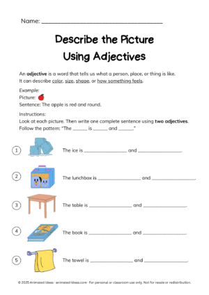 Describe the Picture Using Adjectives worksheet for preschool and kindergarten children to learn adjectives
