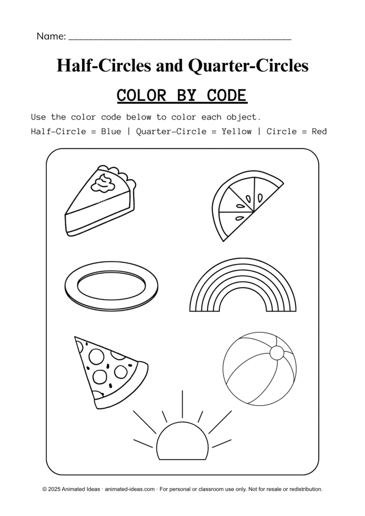 Half-circle and quarter-circle Color by Code worksheet for 2nd grade showing colorful shapes and fun instructions — half-circle and quarter-circle coloring activity