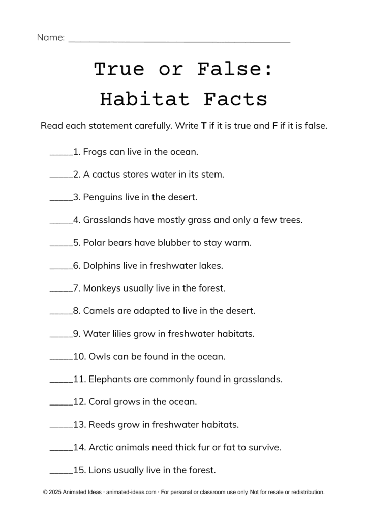 Habitats of Living Things Worksheets page repeating habitat matching activity for practice