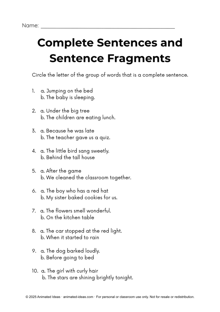 Identifying Complete Sentences and Sentence Fragments Circle It Worksheet – Choose the Complete Sentence Activity for Grade 3