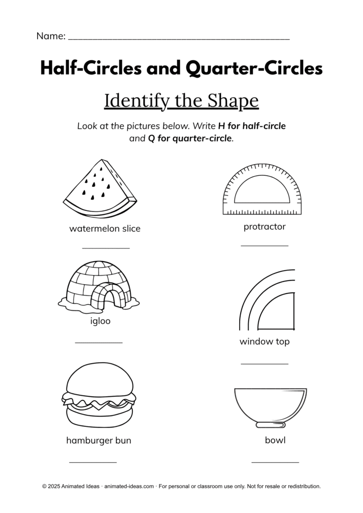 Black and white half-circle and quarter-circle Identify the Shape worksheet for 2nd grade with images of everyday objects — half-circle and quarter-circle printable page