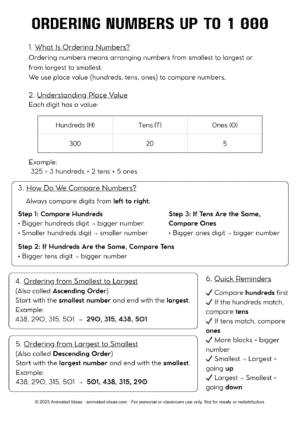 Ordering Numbers Up to 1,000 printable notes handout for kids
