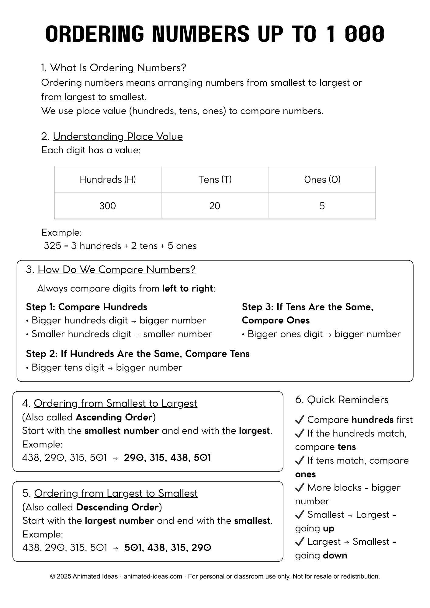 Ordering Numbers Up to 1,000 printable notes handout for kids