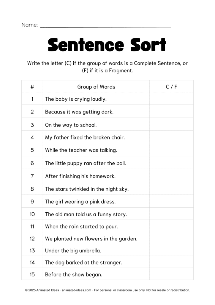 Identifying Complete Sentences and Sentence Fragments Pair to Make a Sentence Worksheet – Connect Subject and Predicate Activity for Grade 3