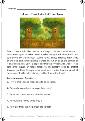 Reading Comprehension Worksheets for Kids – How a Tree Talks to Other Trees page