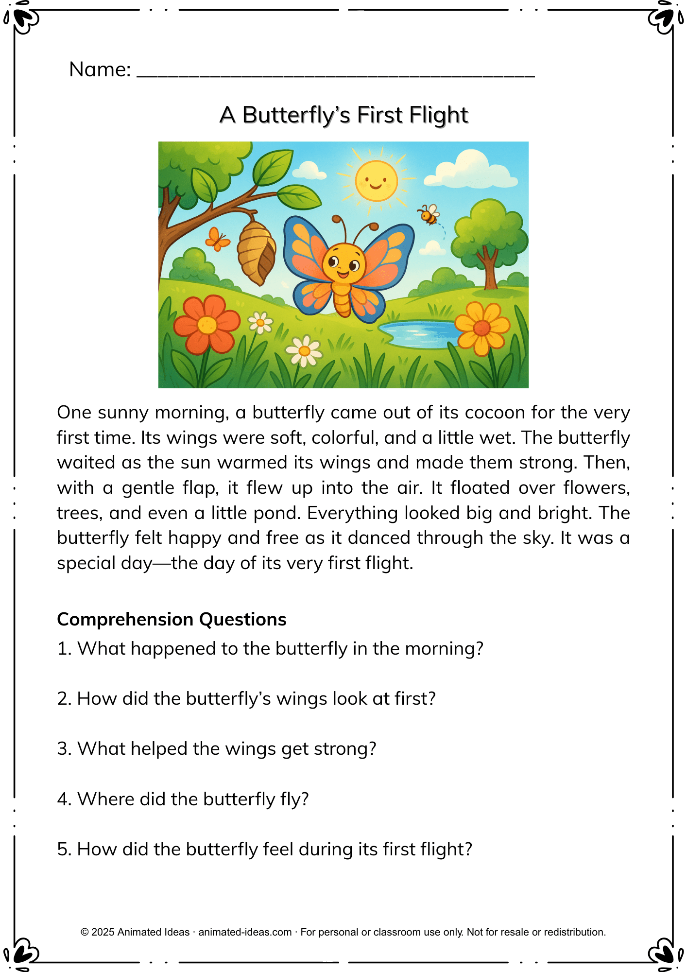 Reading Comprehension Worksheets for Kids – A Butterfly’s First Flight page