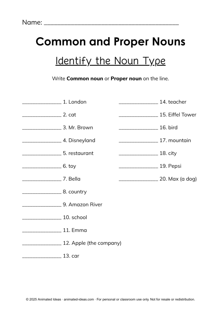 Common and Proper Nouns Worksheets for 2nd Grade – Identify the Noun Type worksheet with blanks for students to write common or proper noun