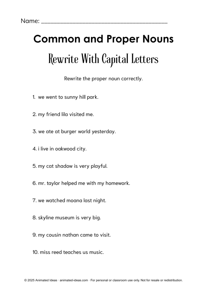 Common and Proper Nouns Worksheets for 2nd Grade – Rewrite With Capital Letters exercise for proper noun capitalization practice