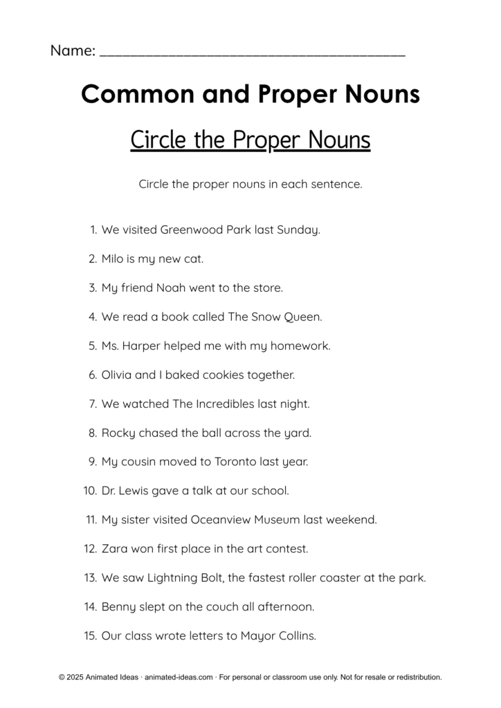 Common and Proper Nouns Worksheets for 2nd Grade – Circle the Proper Nouns worksheet for students to identify and circle proper nouns in sentences