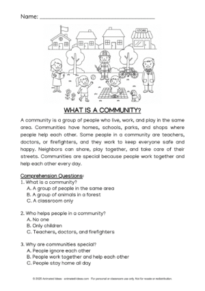 K-2 Reading Activities – What Is a Community? illustration
