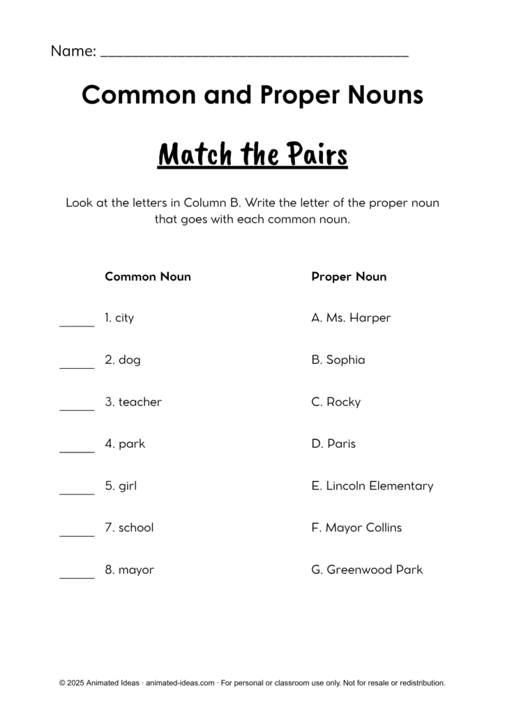 Common and Proper Nouns Worksheets for 2nd Grade – Match the Pairs worksheet where students match common nouns with proper nouns using letters
