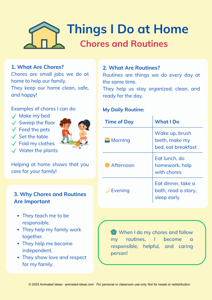 Things I Do at Home printable handout for preschool and kindergarten – colorful version teaching chores and daily routines for kids.