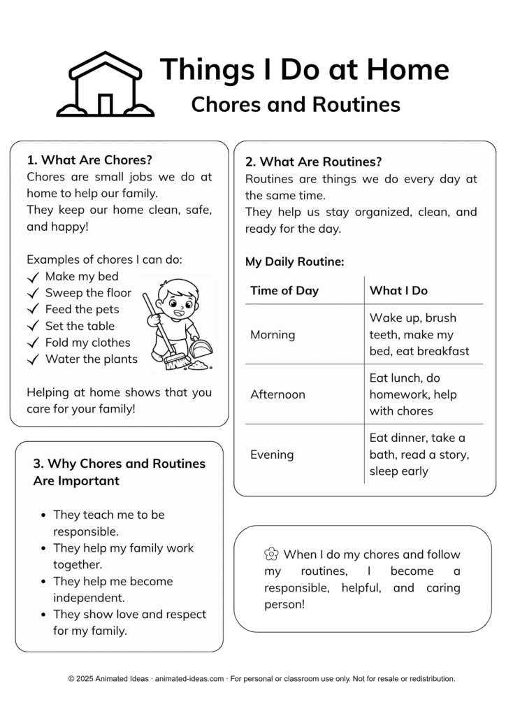 Things I Do at Home printable handout for preschool and kindergarten – black and white version for coloring and learning daily chores.