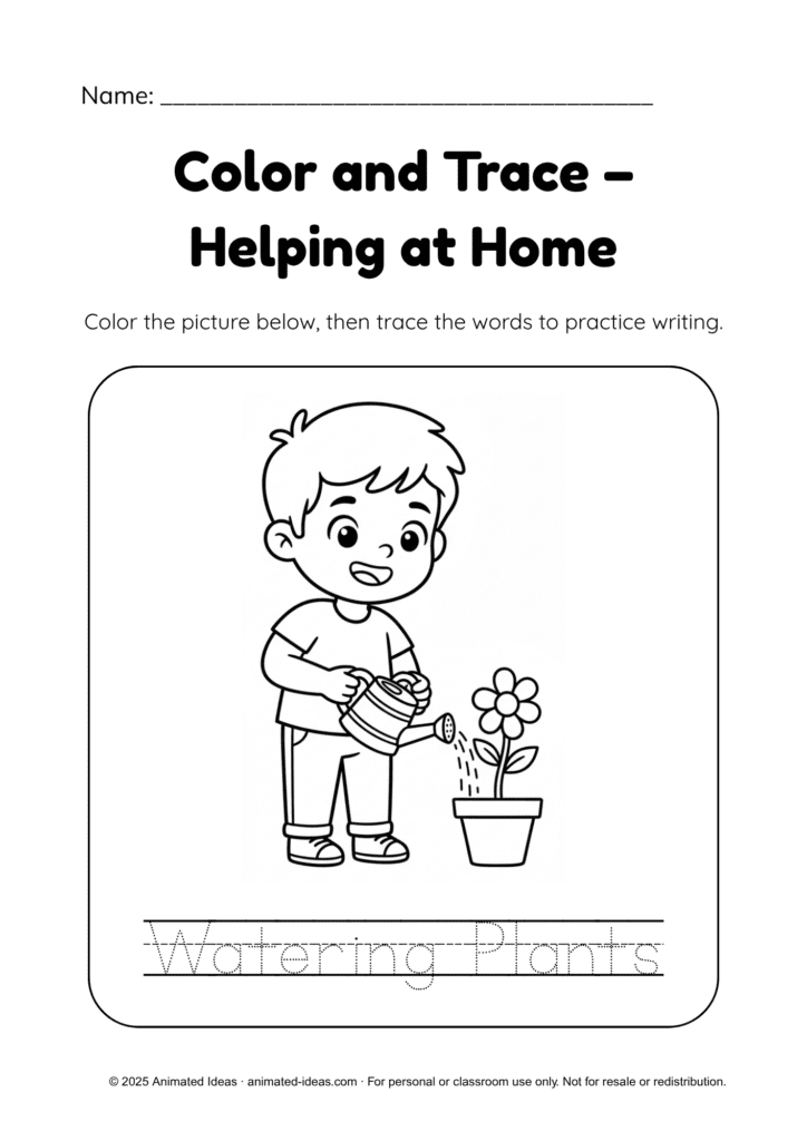 Things I Do at Home worksheets – Watering Plants page black and white version for preschool coloring and tracing.
