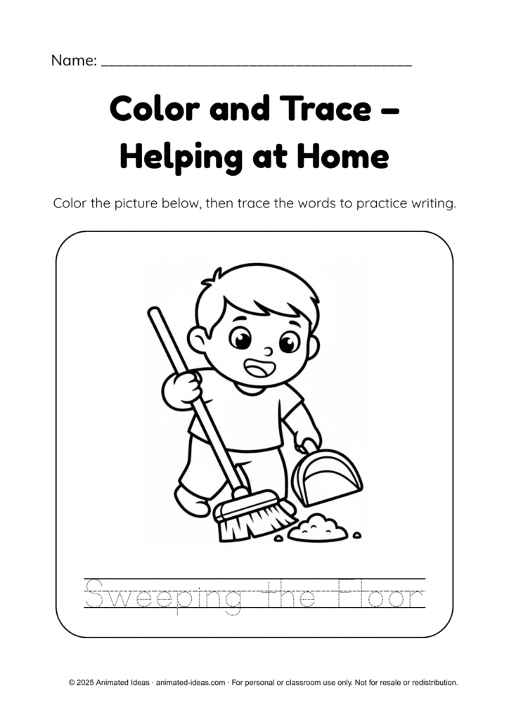 Things I Do at Home worksheets – Sweeping the Floor page black and white version for coloring and tracing activity.