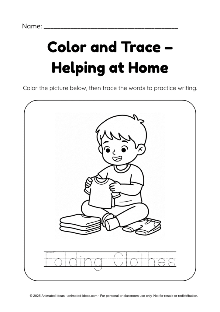 Things I Do at Home worksheets – Folding Clothes page black and white version for tracing and coloring practice.