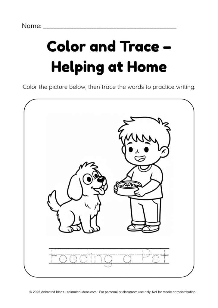Things I Do at Home worksheets – Feeding a Pet page black and white version for tracing and coloring pet chores.