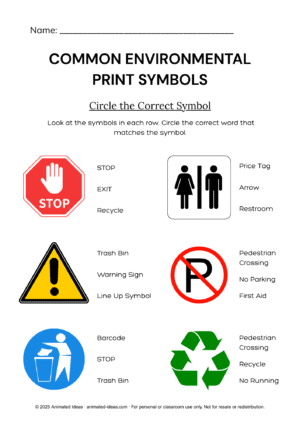 ENVIRONMENTAL PRINT SYMBOLS Worksheets Circle the Correct Symbol Activity for 1st graders