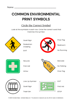 ENVIRONMENTAL PRINT SYMBOLS Worksheets Circle the Correct Symbol Activity for 1st graders
