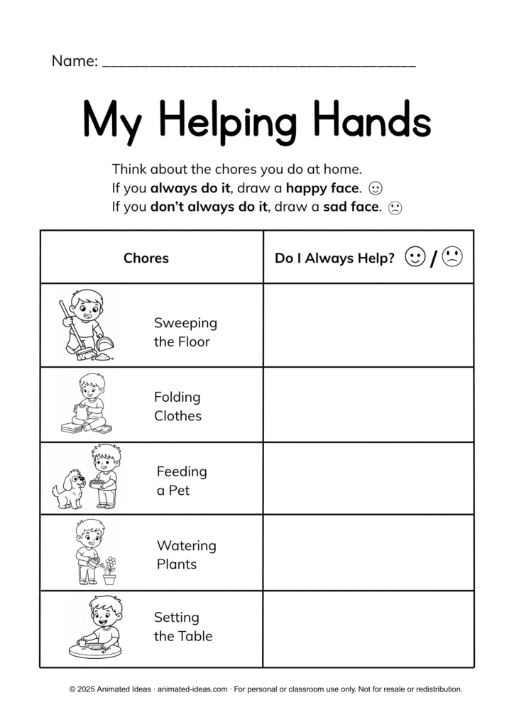Things I Do at Home worksheets – My Helping Hands page black and white version for hand tracing and coloring activity.