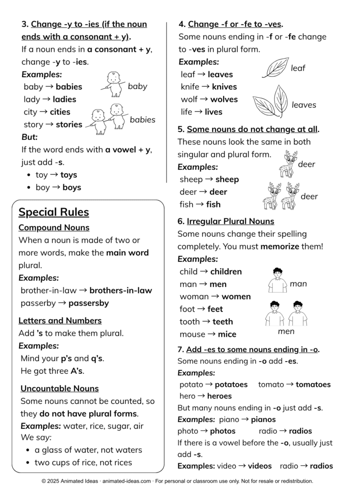 Image showing Singular and Plural Nouns Printable Handout for Grade 4 students – fun grammar activity worksheet - Black and White Page 2