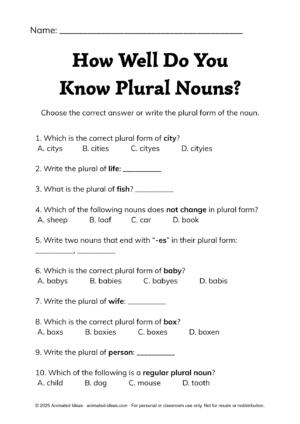 Singular and Plural Nouns Worksheets for Grade 4 – plural nouns quiz with multiple-choice and short-answer questions to test grammar skills.