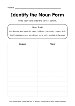 Singular and Plural Nouns Worksheets for Grade 4 – noun identification activity where students sort words under singular and plural columns.